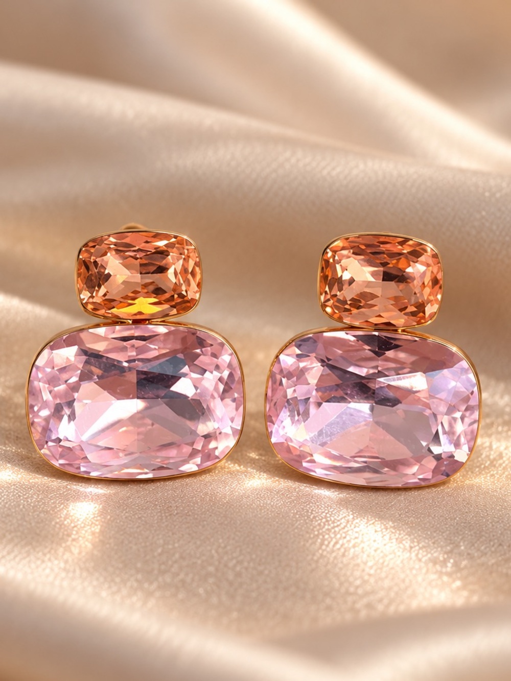 Gold Pink & Peach Cushion Crystal Drop Earrings